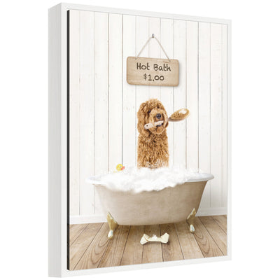 Framed canvas art featuring a golden Labradoodle sitting in a hot bath by Amy Peterson