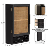 Black wood wall cabinet with natural woven cane door, featuring a cubby and two shelves inside, and a bottom open cubby space, shown with dimensions.