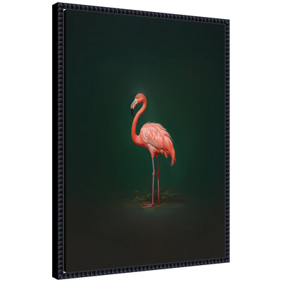Framed canvas wall art depicting a pink flamingo standing against a rich green backdrop in a beaded black frame
