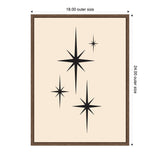 Minimalist canvas print with four black starburst shapes of varying sizes on a beige background, framed in dark wood with 18x24 inch dimensions.