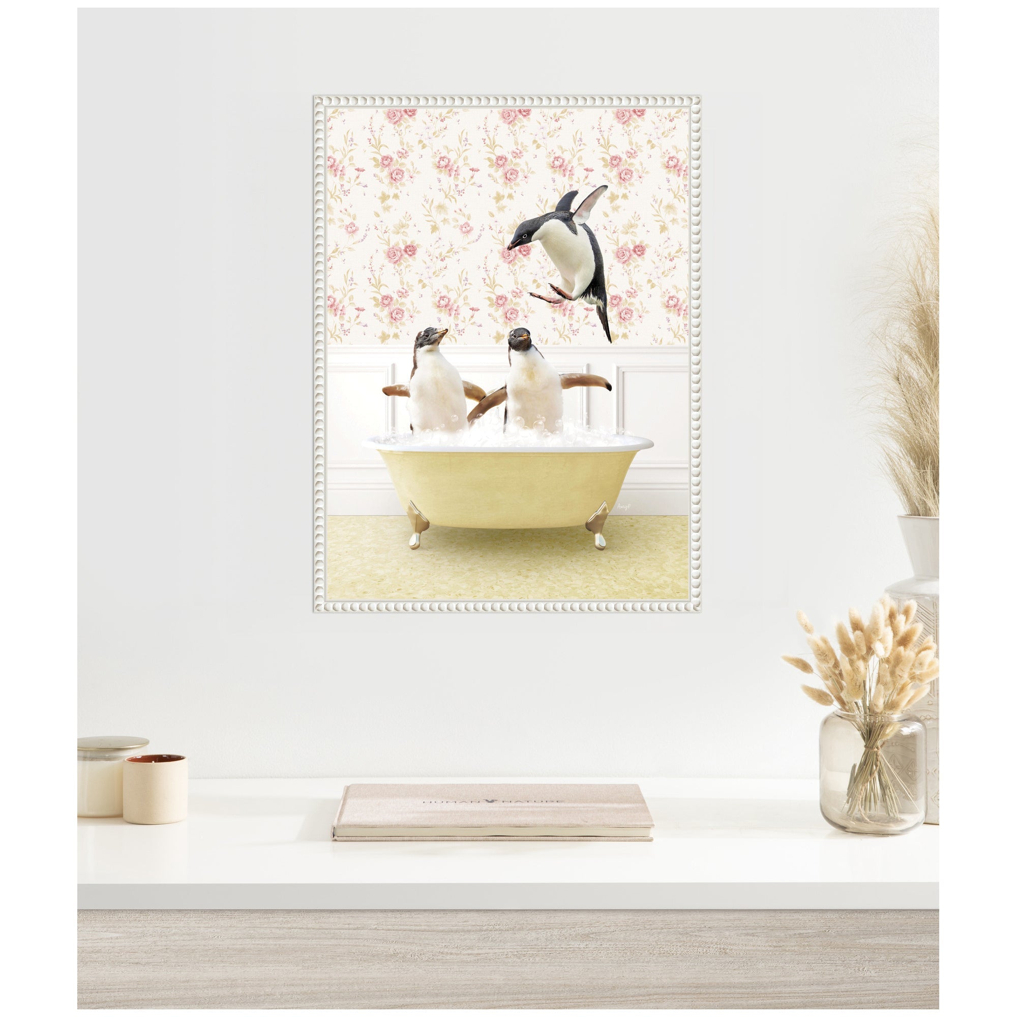 Sylvie Penguins in Vintage Yellow Bath Framed Canvas by Amy Peterson