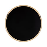 Back view of a round wall mirror with a natural wood frame and two metal hanging brackets attached near the edges against a white background.