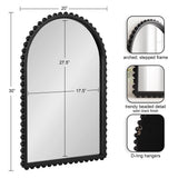 Tall arched wall mirror with satin black stepped frame featuring trendy rounded bead detailing and D-ring hangers, measuring 20 by 30 inches