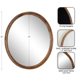 Round wall mirror with a 1.5-inch thick solid wood frame with a rustic finish, featuring scalloped profile edges and D-ring hangers on the back.