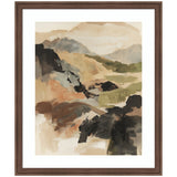Abstract landscape painting in muted earth tones showing layered mountain shapes with soft blending and contrasting dark and light areas, framed in simple dark wood.