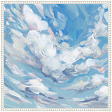 Framed oil painting depicting a dynamic sky with billowing white and gray clouds against patches of blue, accented with soft hints of pink and lavender brushstrokes.
