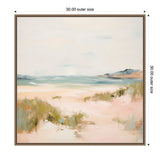 Softly painted beach landscape with sandy dunes in the foreground, gentle blue-green sea, and distant hazy hills under a pale sky, framed in a decorative wood frame.