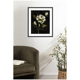Framed floral artwork featuring a white rose and buds with dark green leaves on a black background, hanging above an olive-green armchair and potted plant.