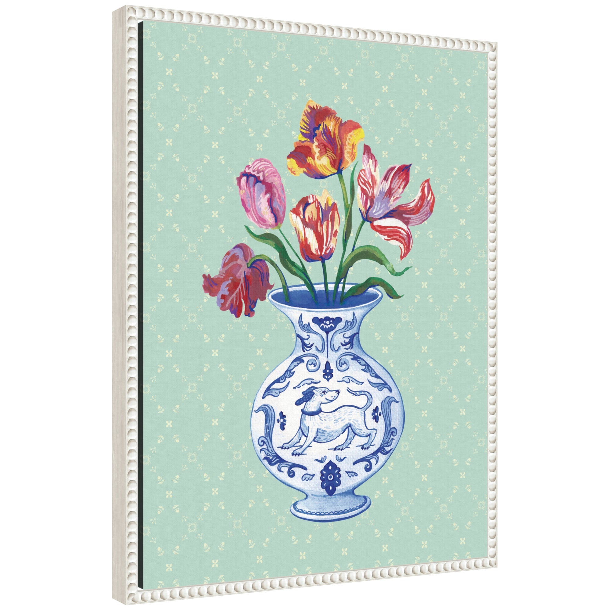 Framed canvas wall art print titled Tulip Vase by Lucia Gianello, showing white tulips in a vase against a muted background, in Sylvie Beaded White frame