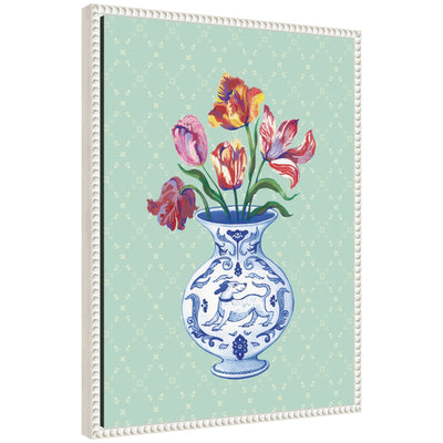 Framed canvas wall art print titled Tulip Vase by Lucia Gianello, showing white tulips in a vase against a muted background, in Sylvie Beaded White frame