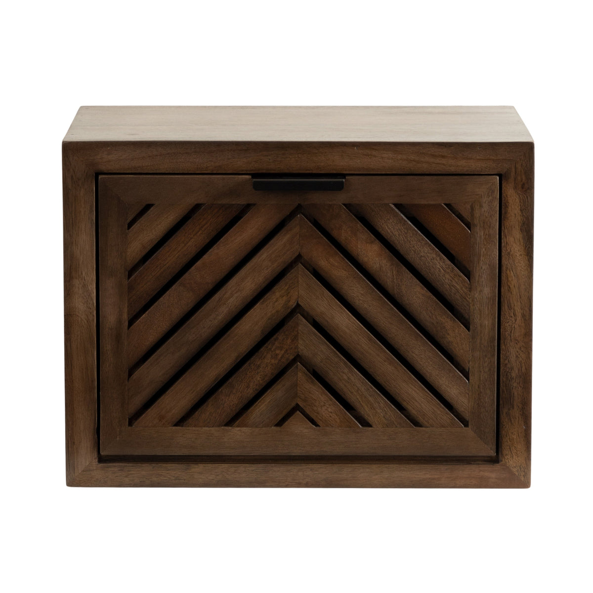 Rectangular wooden side table with a front panel featuring a chevron-patterned slatted design and a small horizontal handle at the top center.