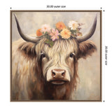 Close-up painting of a highland cow with long, shaggy fur and a floral crown of orange, pink, and white flowers on its head, set against a soft neutral background.