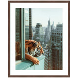 Tiger resting its front paws on a green windowsill, gazing out over a cityscape of tall Manhattan skyscrapers under a clear sky.