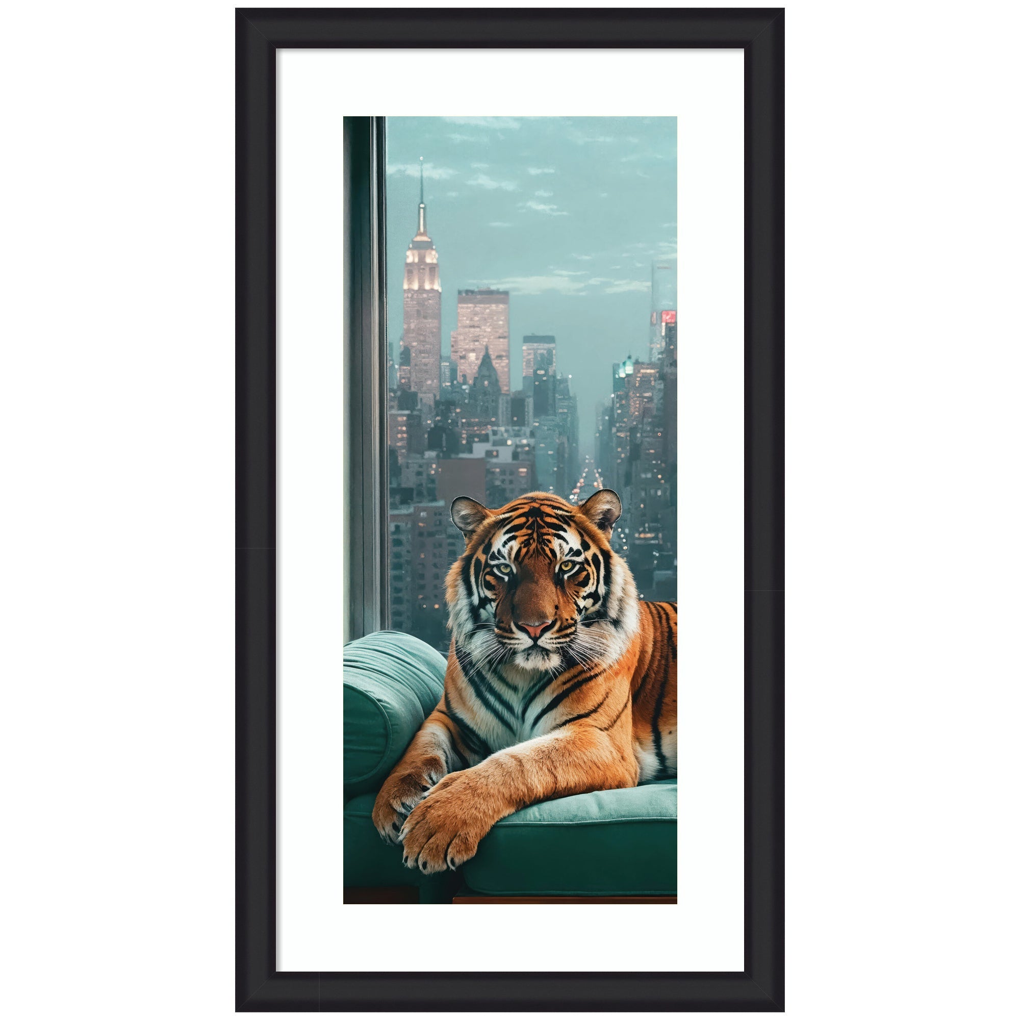 Framed art showing a tiger lounging on a teal sofa with New York city skyline in the background