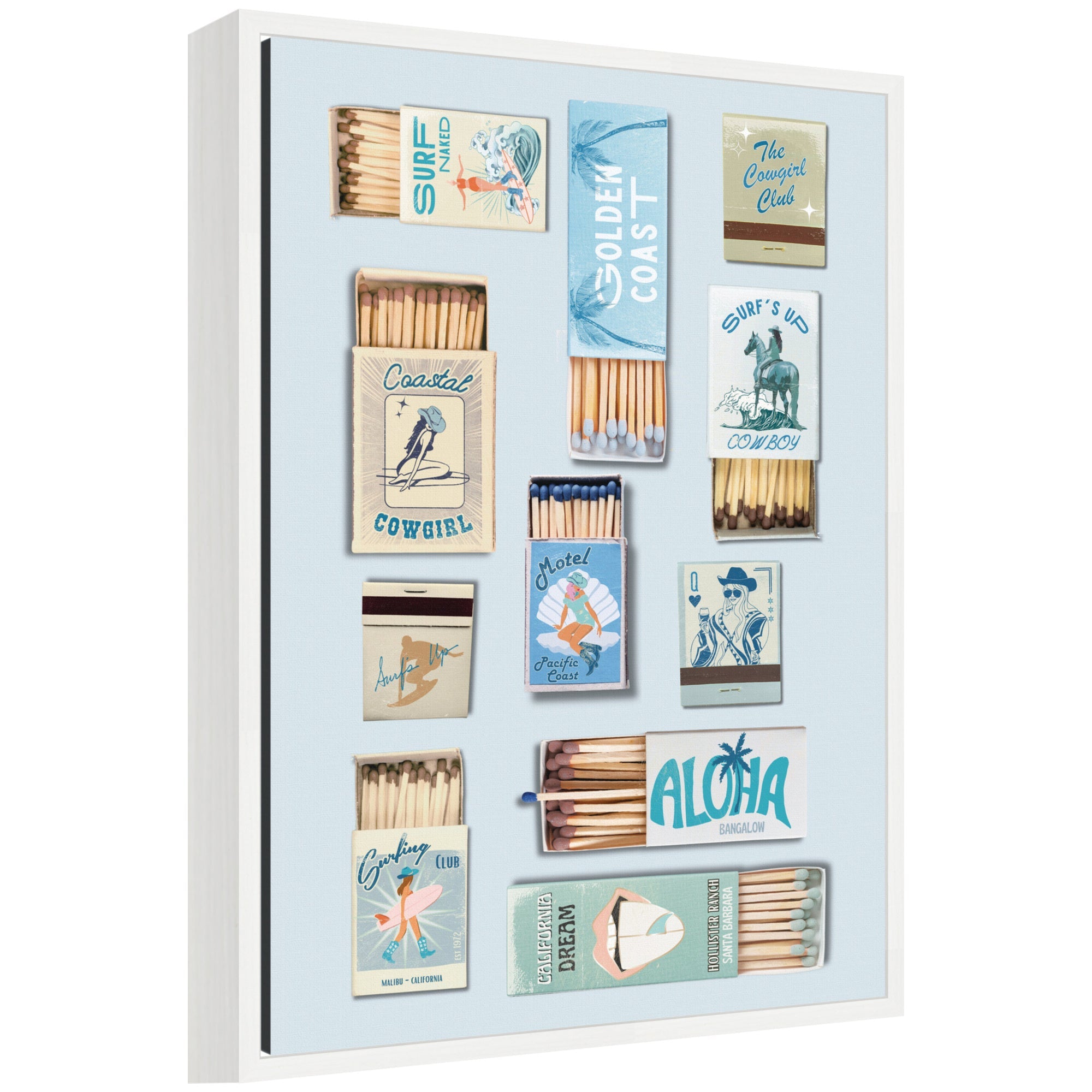 Framed canvas wall art titled Retro Matchbox Blue Coastal Cowgirl featuring a coastal cowgirl image in a white Sylvie frame.