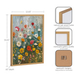 Floral painting featuring colorful wildflowers in pink, red, yellow, and white with green foliage, framed in a gold-finished natural oak wood frame.
