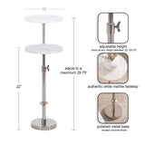 Adjustable two-tier marble table with white round tops, chrome metal base, and height lock securing from 22 to 29.75 inches tall.