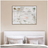 Abstract canvas art with white, beige, and subtle green and ochre tones, featuring layered brushstrokes and textured geometric shapes, framed and hung above a bed.