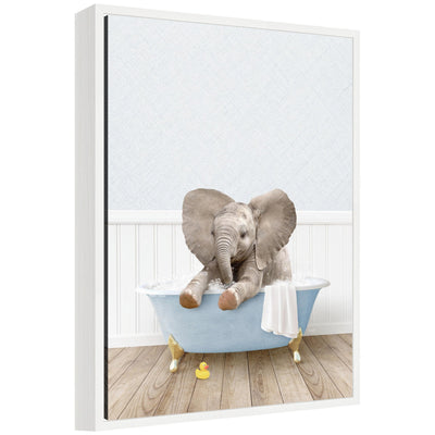 Sylvie Baby Elephant framed canvas art showing a baby elephant in a blue bathtub with a modern lightweight frame