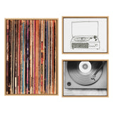 Three framed canvases of a record collection's spines in warm tones, a simple black line drawing of a record player, and a close-up black and white photo of a spinning vinyl record.