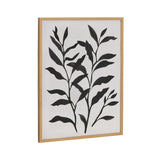 Rectangular wooden frame holding a minimalist black leaf silhouette print on a white background, showing three branches with varying leaf shapes and sizes.