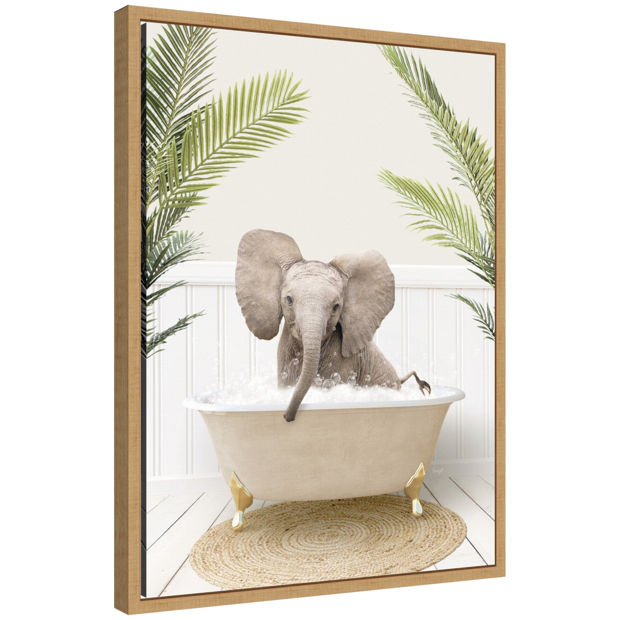 Sylvie Baby Elephant 3 in Palms Bathtub framed canvas art showing a baby elephant resting among palm-like leaves with soft green and gray tones.