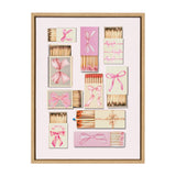 Framed canvas featuring a grid of matchboxes with pink bow illustrations and wooden matches arranged inside, predominantly in pastel pink and cream tones.