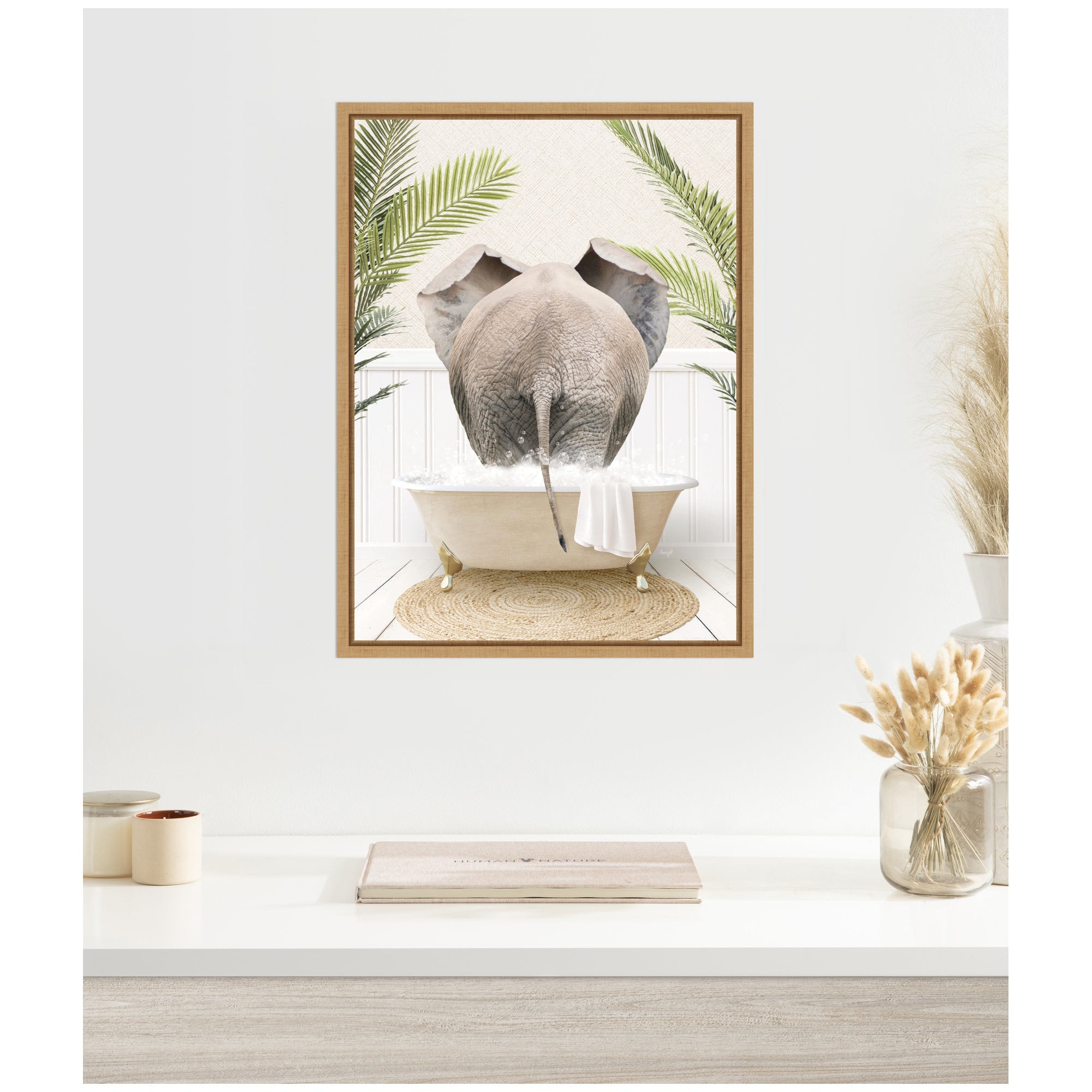 Sylvie Elephant Back in Palm Bathtub Framed Canvas by Amy Peterson