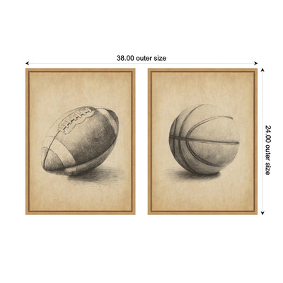 Vintage Football & Basketball 2 Piece Framed Canvas Wall Art Set by The Creative Bunch Studio