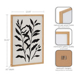 Black leaf silhouette artwork in a light natural oak wood frame with minimalist gallery profile, shown with dimensions and installation details.