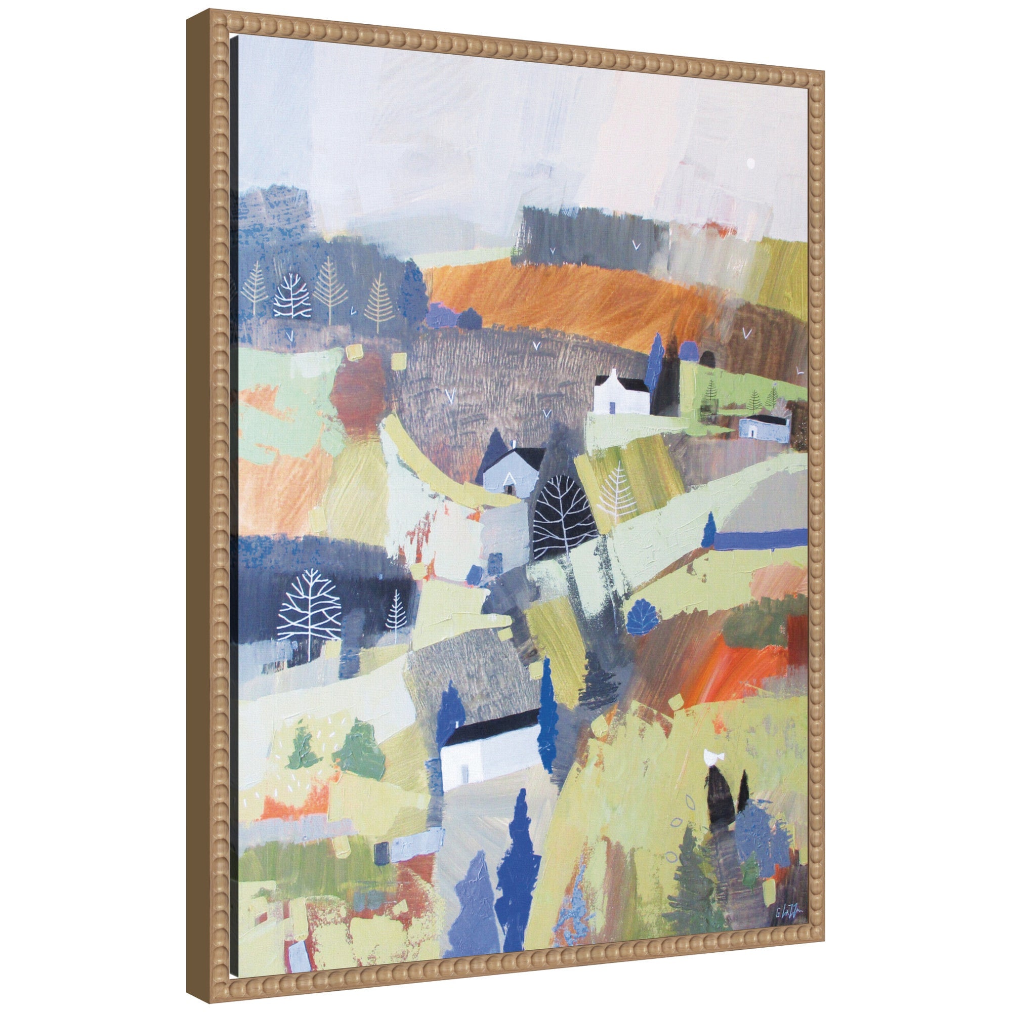 Sylvie Worlds View framed canvas art by Giuliana Lazzerini showing a landscape with vintage beaded polystyrene frame