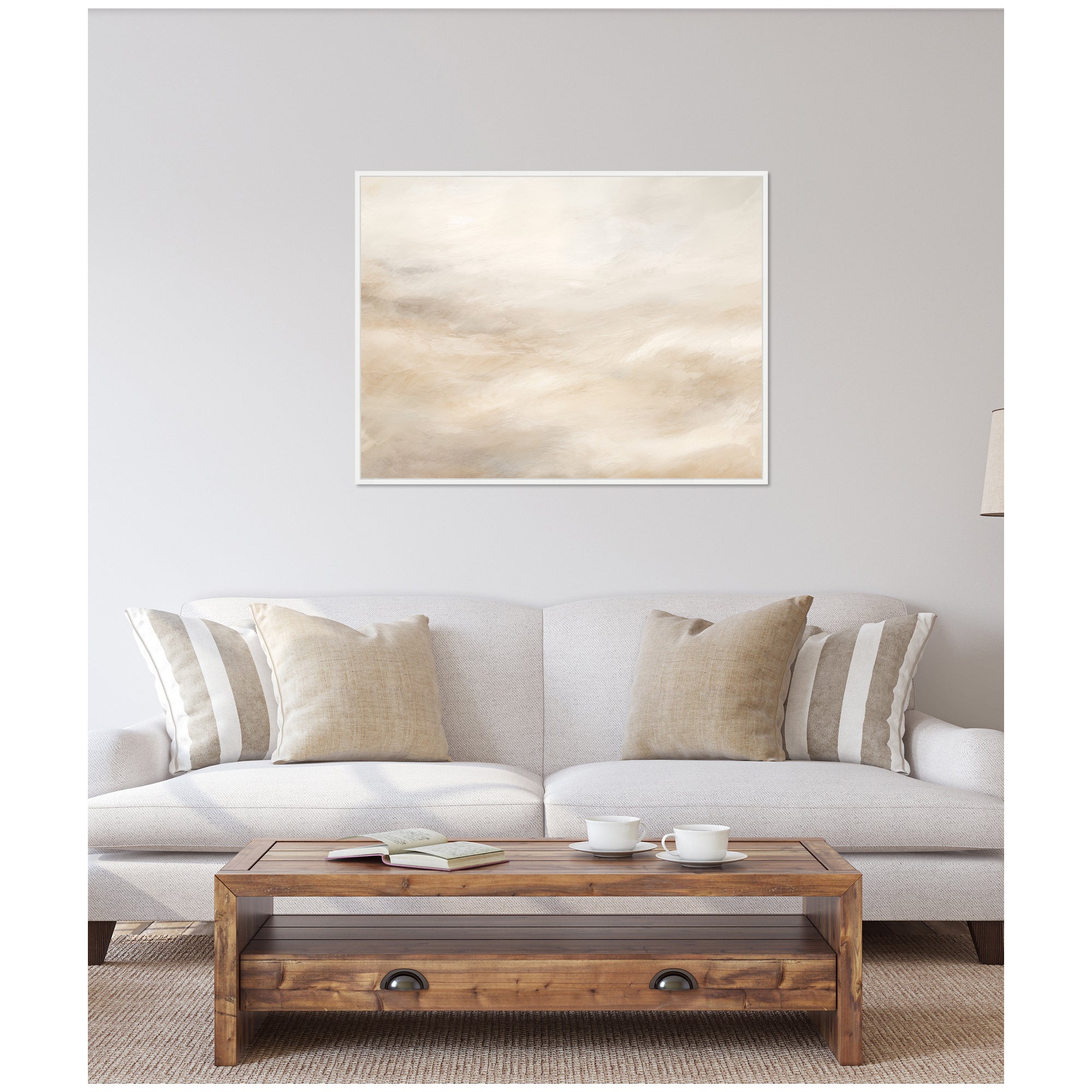 Sylvie Tonal Abstract Textural White and Beige Framed Canvas by The Creative Bunch Studio