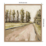 Impressionist-style painting of a dirt road flanked by tall trees under a cloudy sky, framed with a light beige wooden frame, by Mackenzie Nelson.