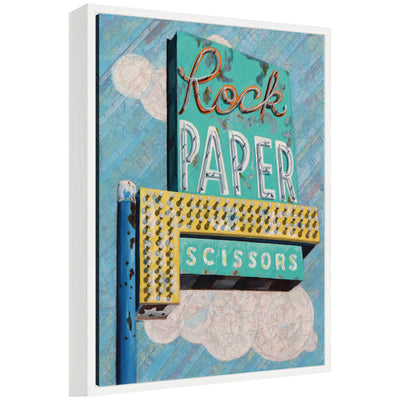 Rock Paper Scissors framed canvas wall art print by Krista V.
Allenstein showing a stylized depiction of rock, paper, and scissors hand gestures in a Sylvie white frame.