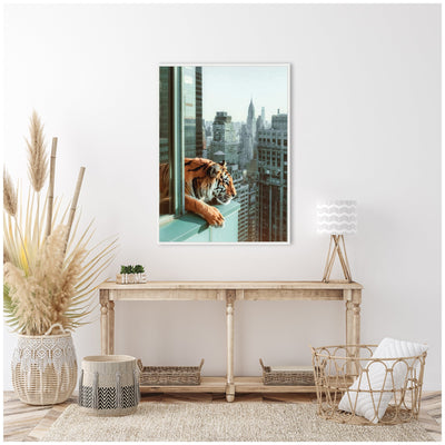 Sylvie Urban Tiger Overlooking Manhattan Framed Canvas by Michael Schauer