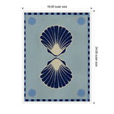 Blue and beige canvas with two large dark blue seashells vertically aligned in the center and four spiked sun shapes in each corner, framed by a striped blue border.