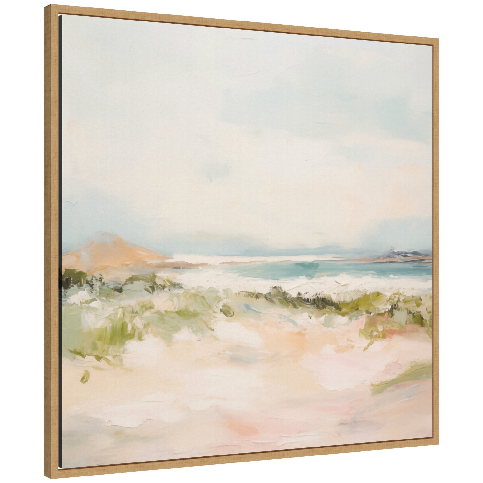 Framed canvas wall art depicting an abstract coastal landscape with muted pastels, gentle waves, and shoreline grasses in a natural woodgrain frame.