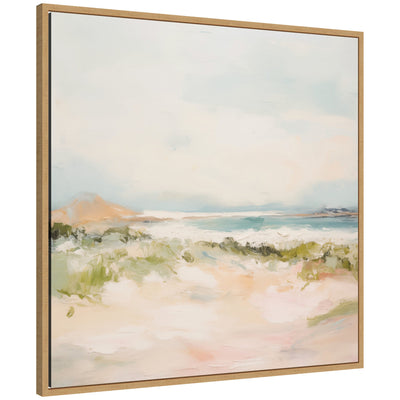 Framed canvas wall art depicting an abstract coastal landscape with muted pastels, gentle waves, and shoreline grasses in a natural woodgrain frame.