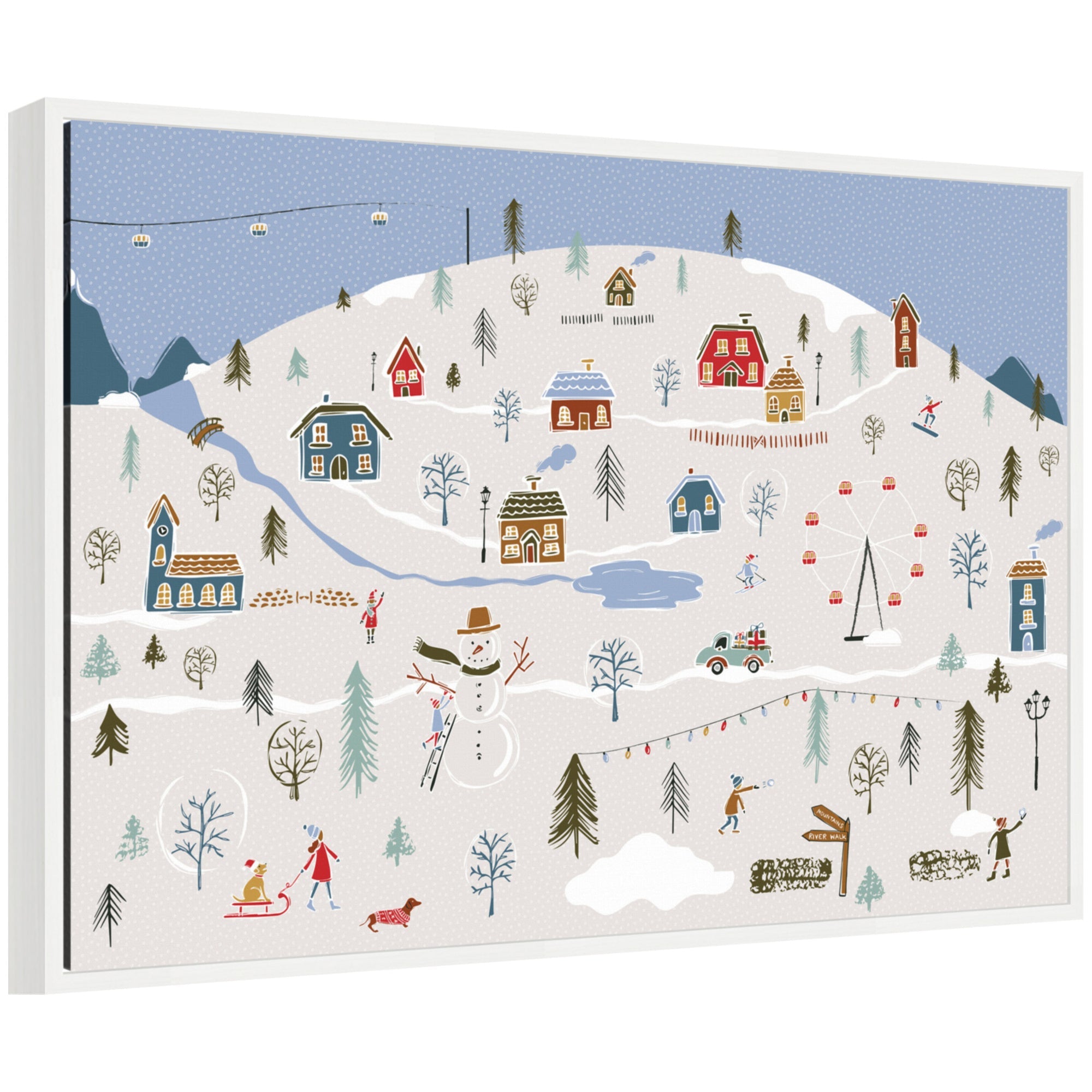 Framed canvas art titled 'A Winter Village' showing colorful snowy cabins, a snowman, skiers, a ferris wheel, and a gift truck.