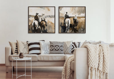 Sylvie Western Cowboy Horseback Ranch Abstract Neutral 2 Framed Canvas by The Creative Bunch Studio