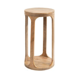 Tall cylindrical wooden side table with an open frame and rounded top and bottom edges, showing natural wood grain in light brown tones.