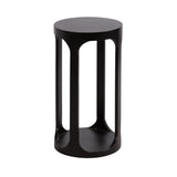 Tall round black wooden side table with an open frame and curved cutouts connecting the top and base surfaces.