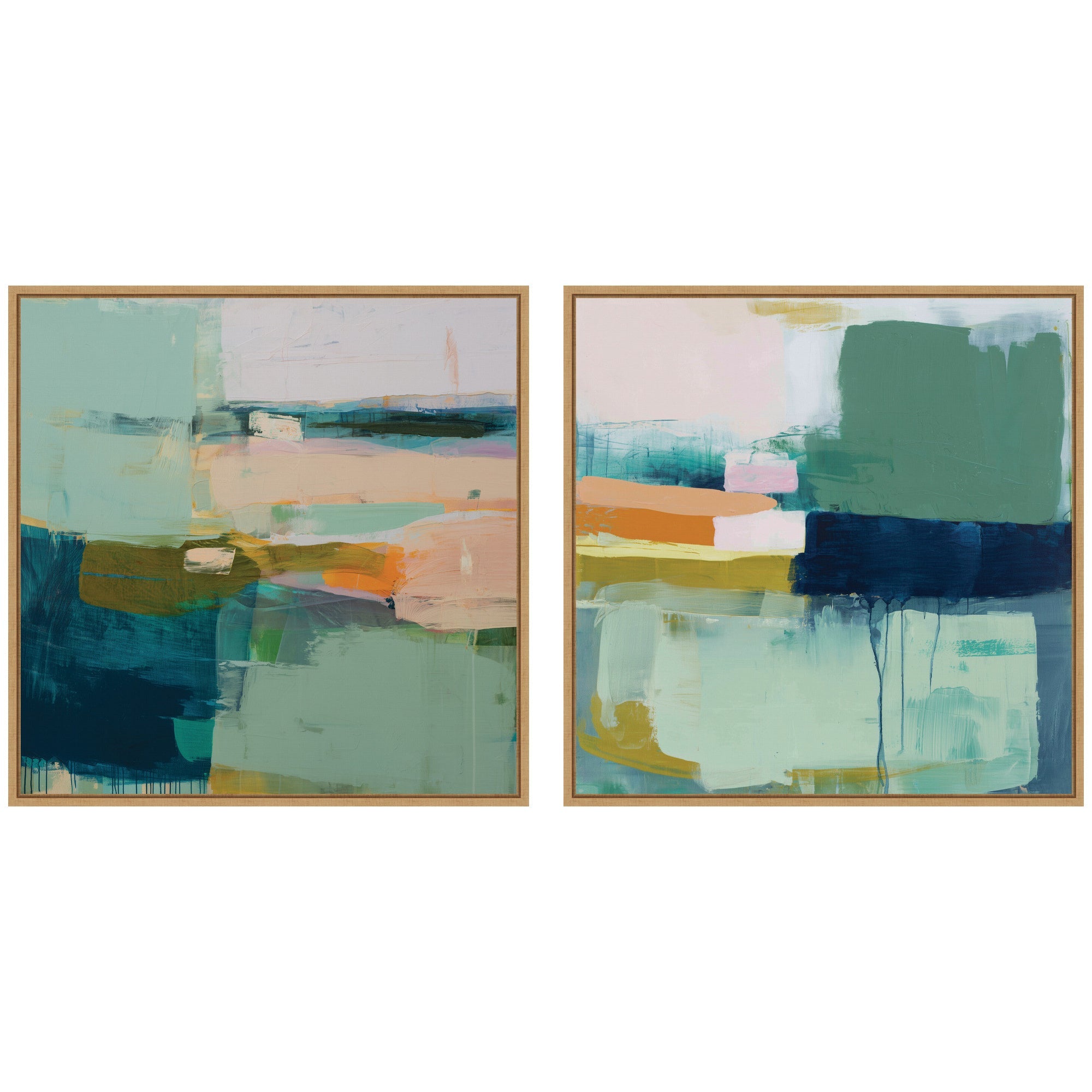Two framed canvas wall art pieces with abstract geometric color blocks by Amy Lighthall in Sylvie frames