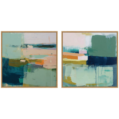 Two framed canvas wall art pieces with abstract geometric color blocks by Amy Lighthall in Sylvie frames