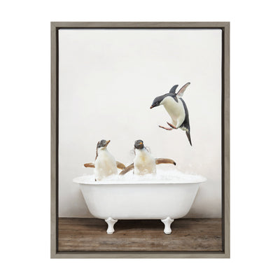 Sylvie Penguins Playing in Rustic Bath Framed Canvas