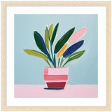 Colorful potted plant with long, overlapping green, blue, pink, and yellow leaves against a pale blue background, in a pink-striped pot on a pink surface.