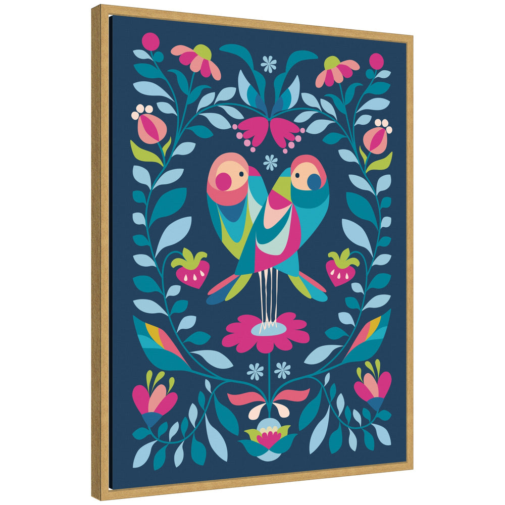 Sylvie Love Birds abstract print of two birds in white and gold framed canvas