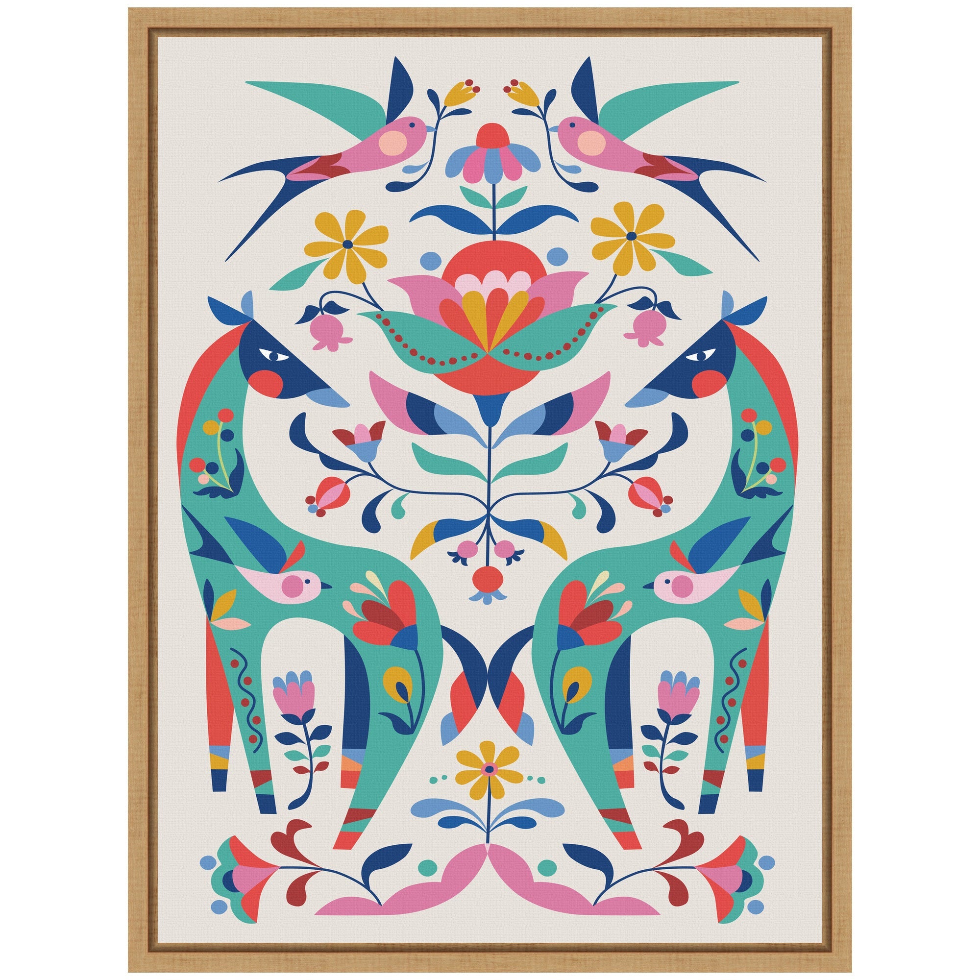 Sylvie Folk-Art Horses and Birds Framed Canvas by Rachel Lee