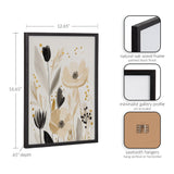 Muted floral art print with beige and black flowers framed in a thin black oak frame, shown with dimensions and hanging details on a white background.