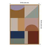 Framed canvas print featuring a geometric abstract pattern with muted purple, brown, beige, blue, and green shapes, including semicircles and rectangles.